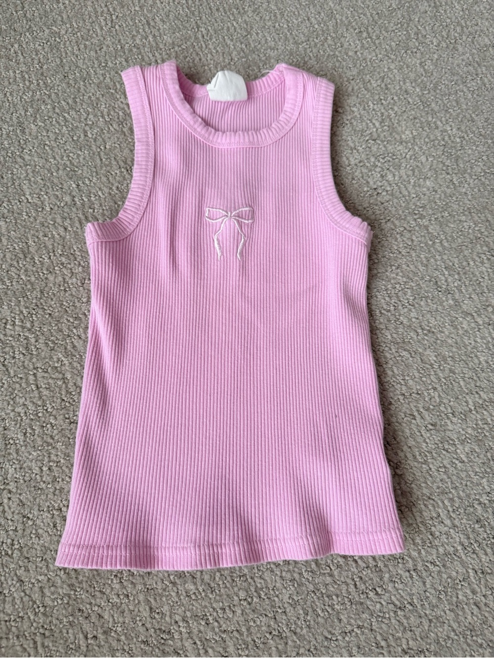 Girls Pink Ribbed Tank Top with Bow Embroidery